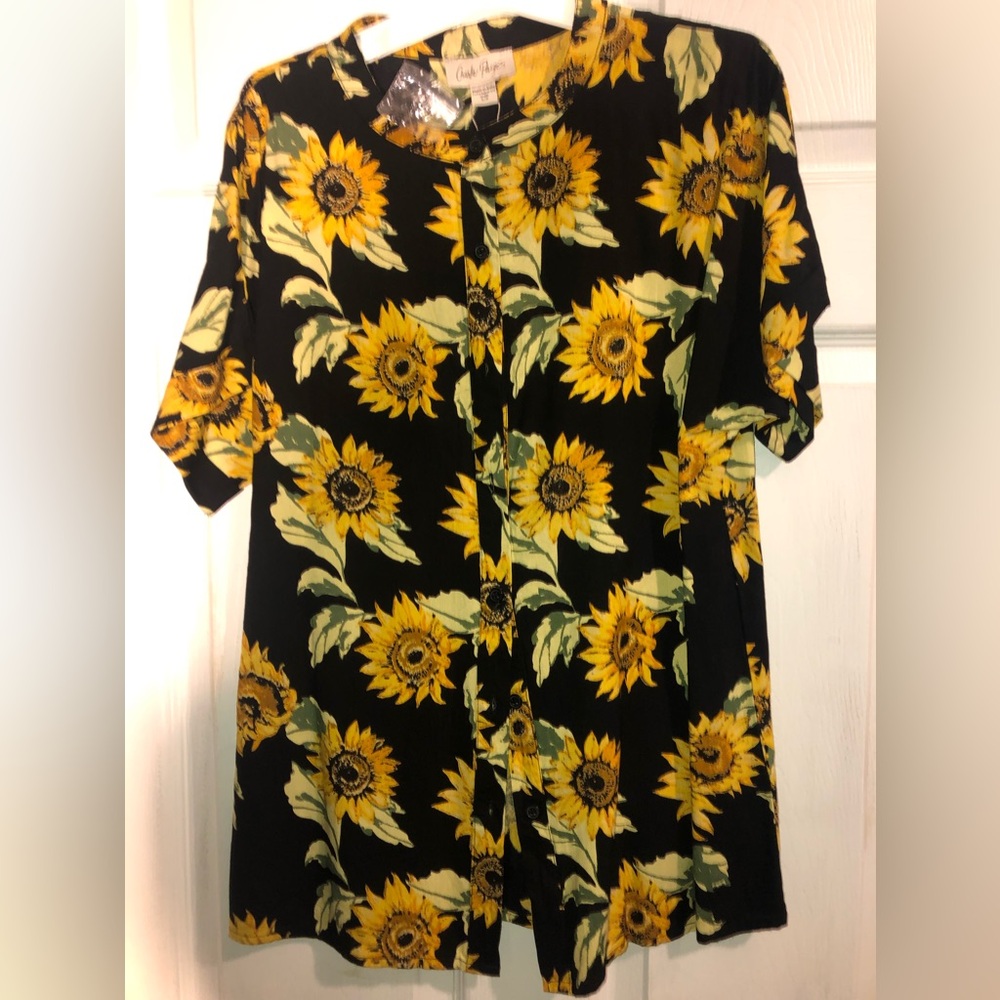 - NWT size S/P outstanding sunflower print on black background, button up …